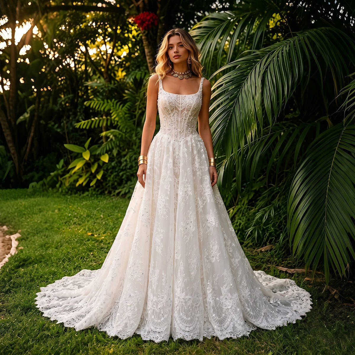 Elegant Shoulder Strap Corset Lace Ball Gown Wedding Dress with Embroidery SW612