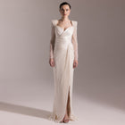 Luxury Crystal Long Sleeves Evening Dress with Overskirt and Slit SF409