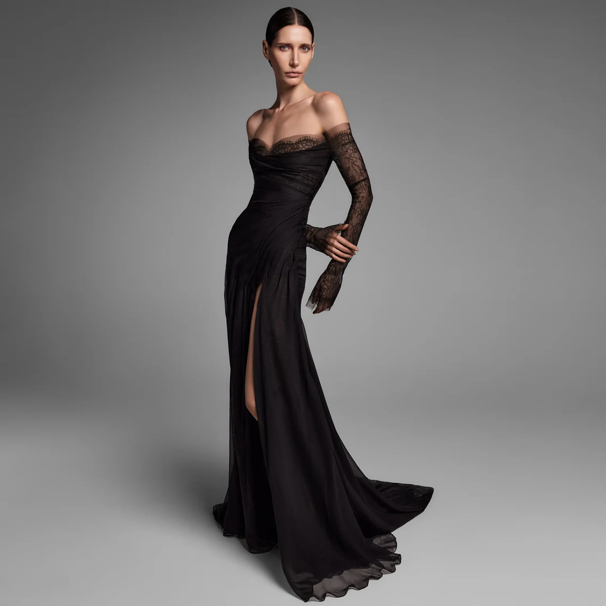 Elegant Black Off-the-Shoulder Lace Sleeve Homecoming Dress with High Slit SH542