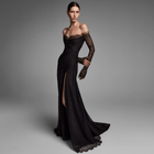 Elegant Black Off-the-Shoulder Lace Sleeve Homecoming Dress with High Slit SH542