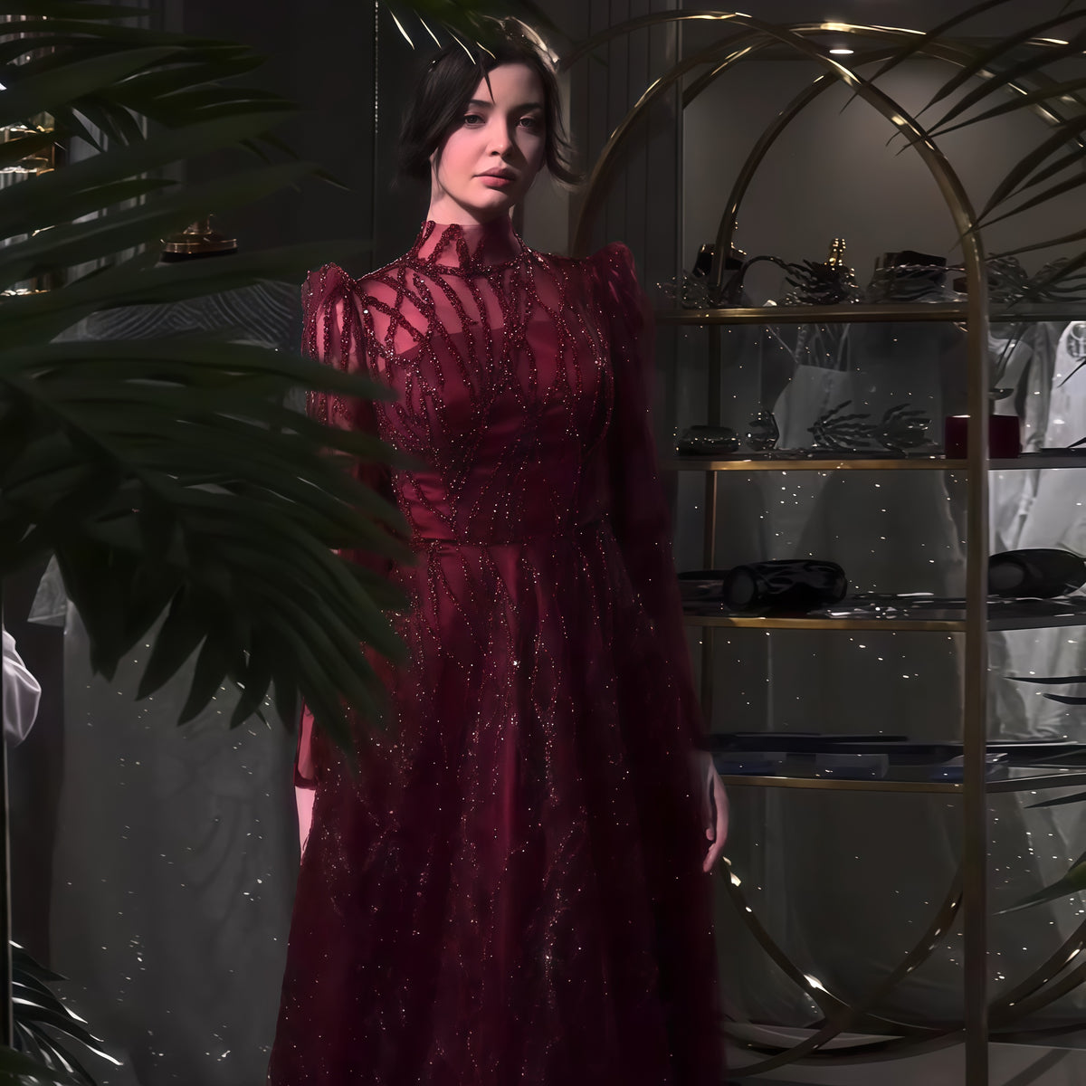 Luxury Wine Red Sequin Long Sleeve Evening Dress SS618