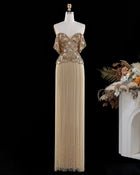 Gold Off Shoulder Fringe Corset Sheath Evening Dress