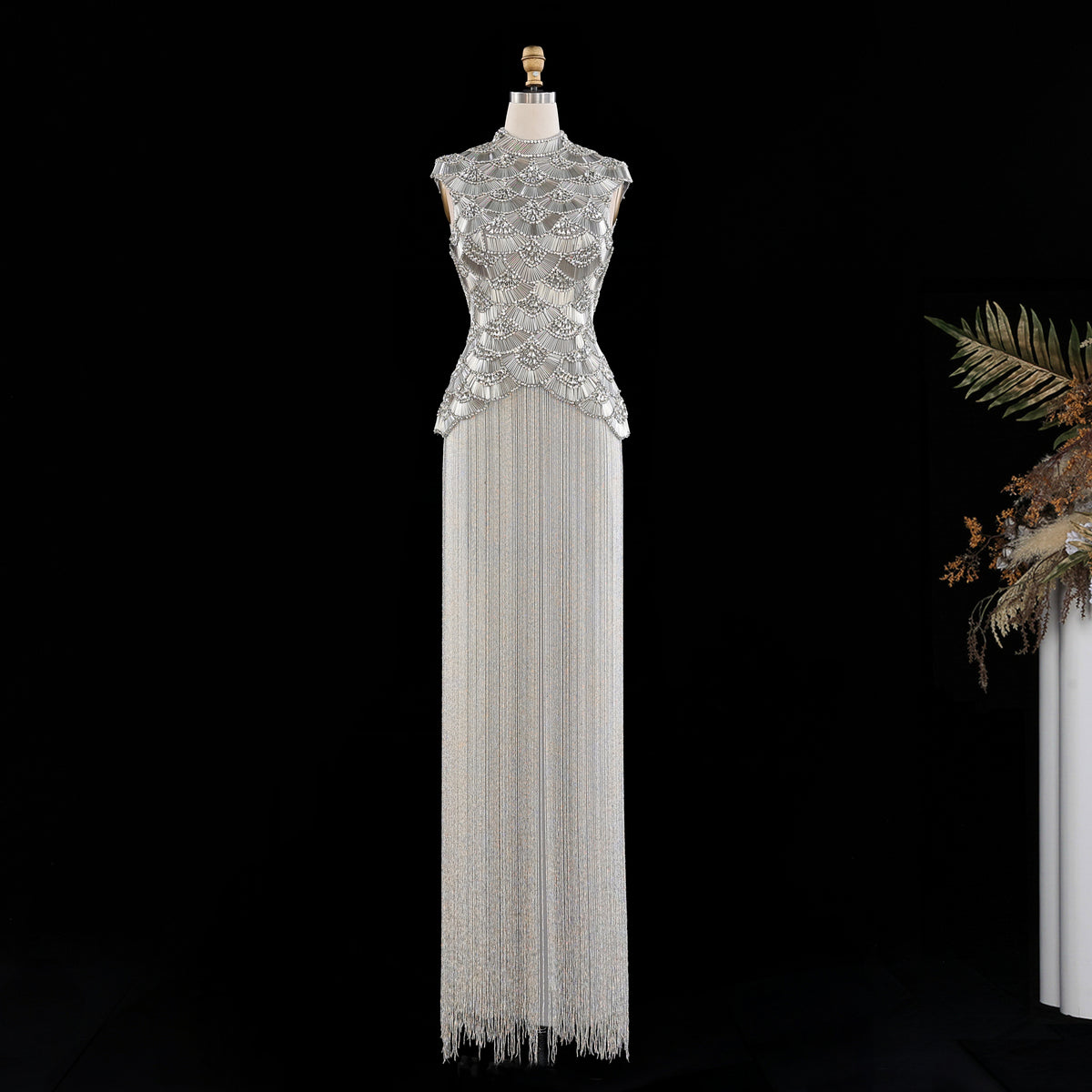 Gold Crystal Beaded High Neck Fringe Evening Dress