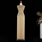 Gold Crystal Beaded High Neck Fringe Evening Dress
