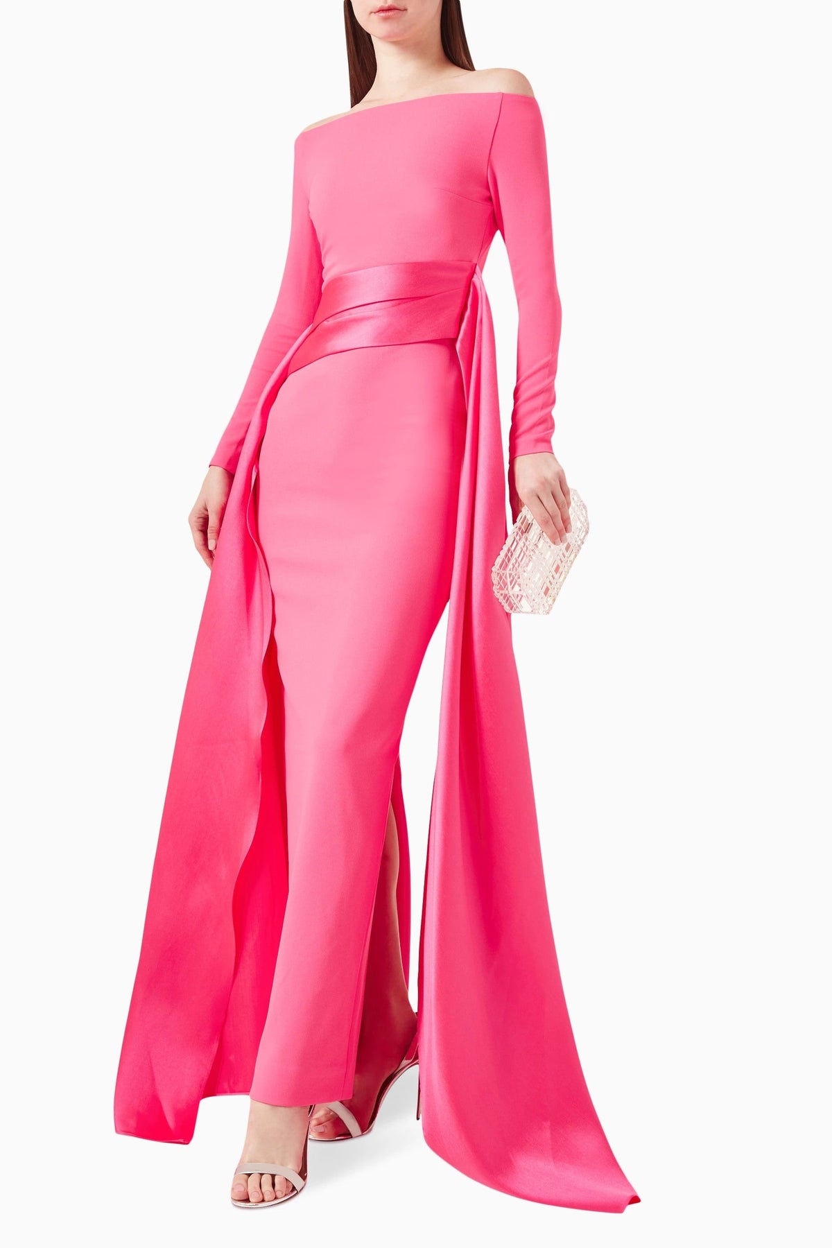 Elegant Off Shoulder Pink Evening Dress with Overskirt SF317