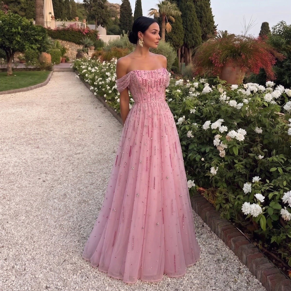 Exquisite Soft Pink Beaded Sequin Off-the-Shoulder Formal Gown SS226