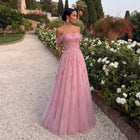 Exquisite Soft Pink Beaded Sequin Off-the-Shoulder Formal Gown SS226