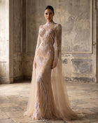 High-Neck Pearl Beaded Mermaid Evening Dress with Cape Sleeves