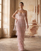 Pink Tiered Beaded Tassel Evening Dress with Scarf
