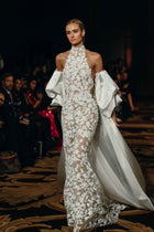 Luxury White Nude Halter 3D Floral Train Evening Dress