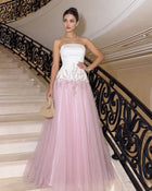 Pink Strapless Floral Beaded A-Line Evening Dress