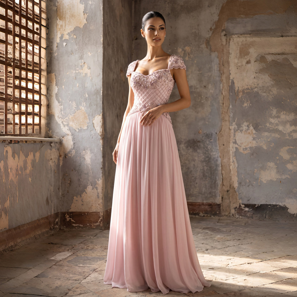 Cape Sleeve Beaded Chiffon A-Line Evening Dress SS258