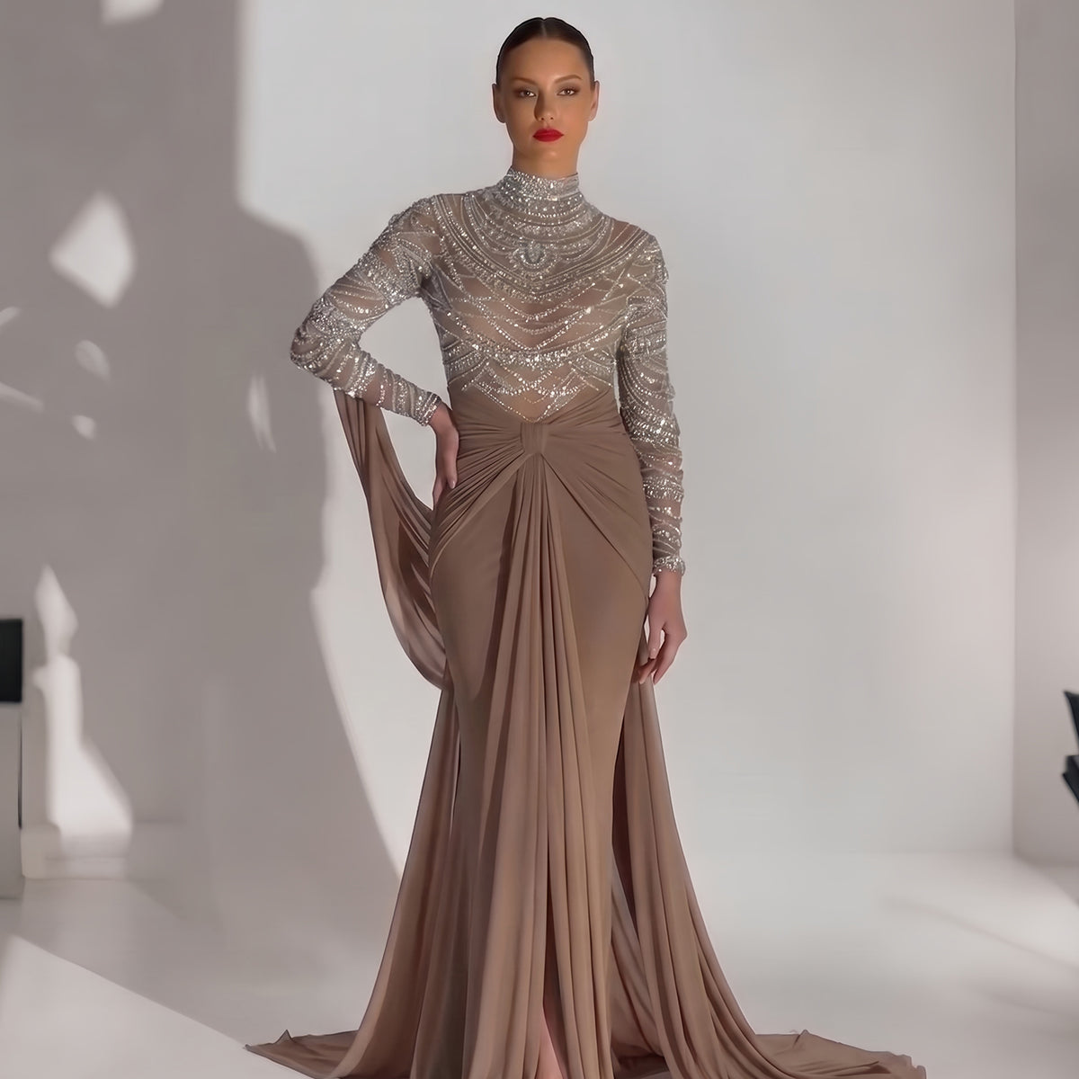 Dreamy Brown Long Sleeve Beaded Chiffon Evening Dress SS402