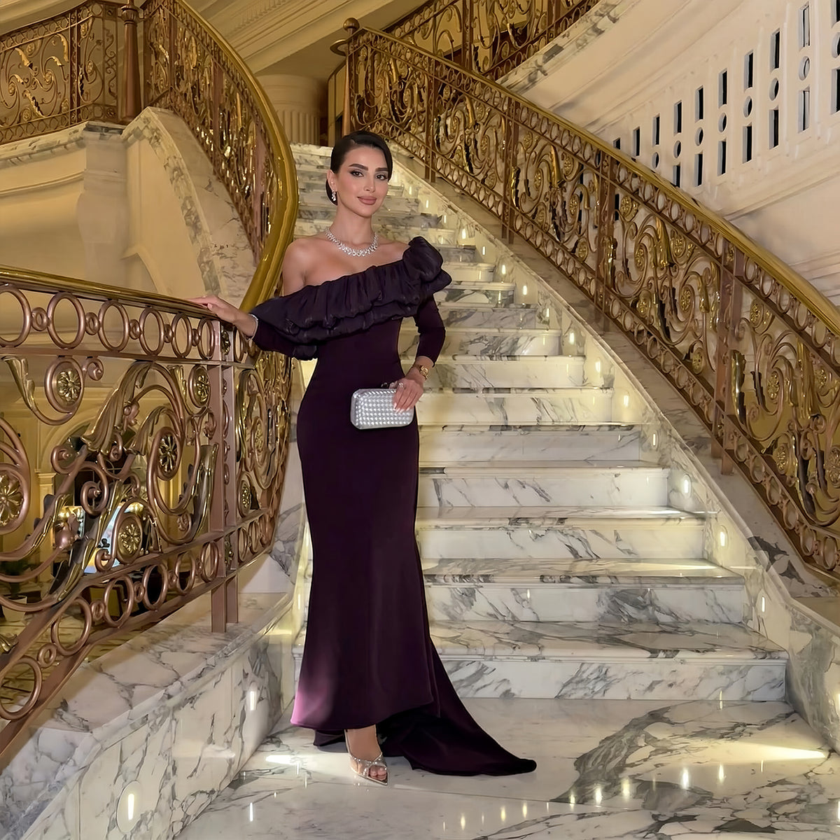 Luxury Purple Ruffled Long Sleeve Train Evening Dress SF323