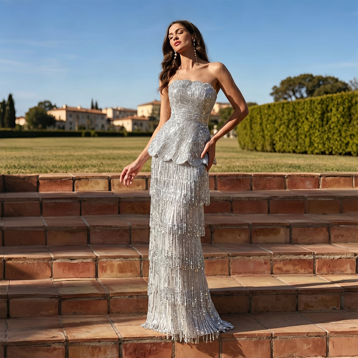 Modern Gray Strapless Peplum Fringe Two Pieces Mermaid Evening Dress SS370