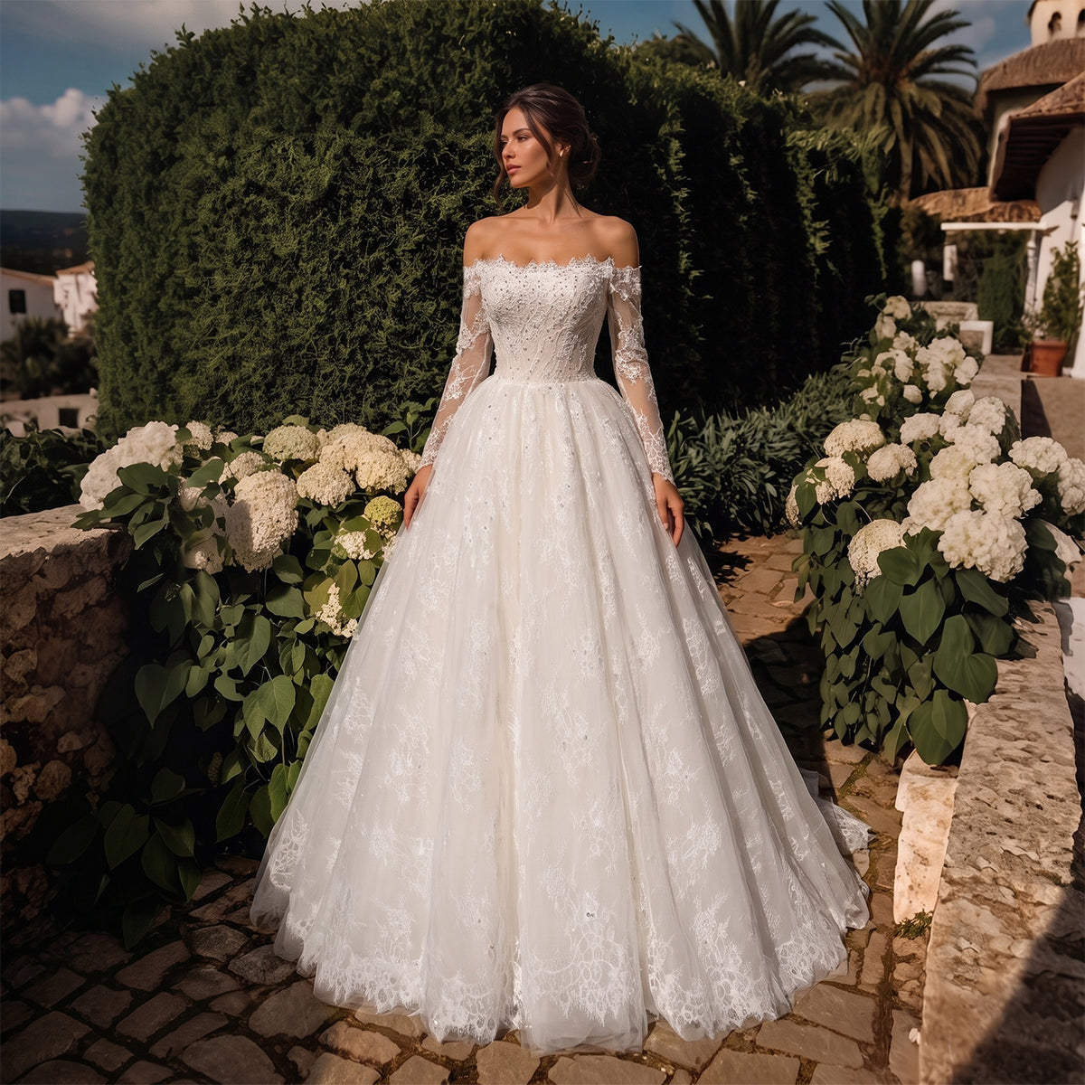 Luxury Beaded Lace Off-the-Shoulder Long Sleeve Ball Gown Wedding Dress SW679