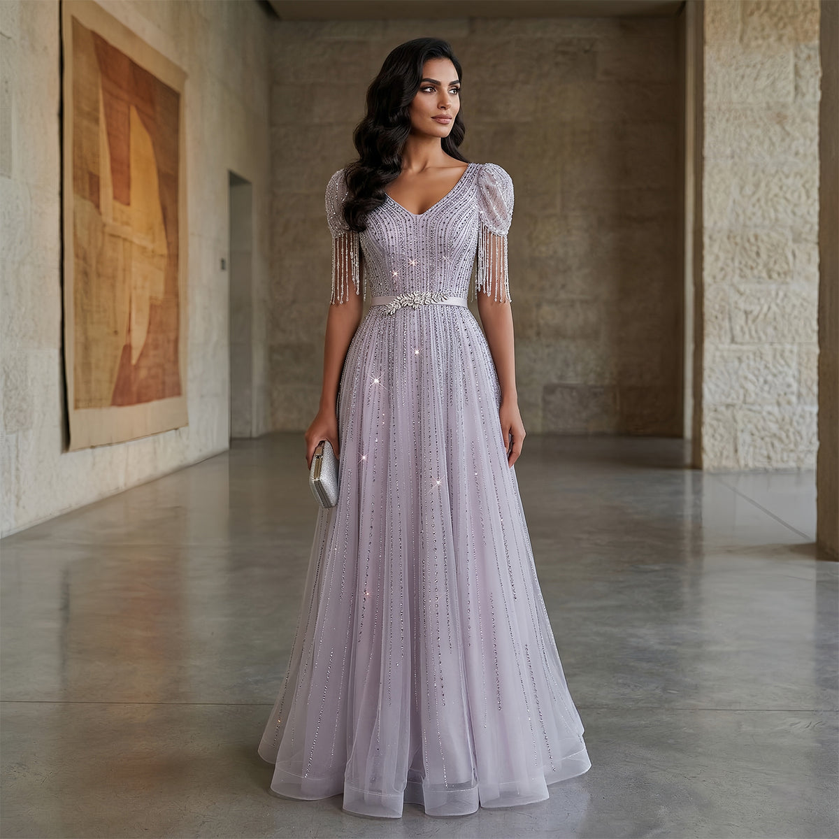 Elegant Lavender Crystal Beaded V-Neck Fringe Sleeve Evening Dress SS199