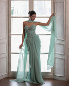 Luxury Aqua Strapless Beaded Evening Dress with Scarf