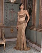 Exquisite Champagne Illusion Slit Evening Dress