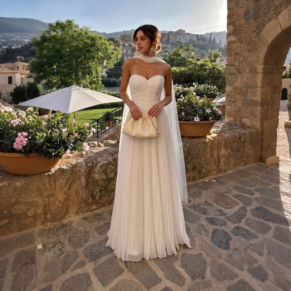 Elegant White Sweetheart Plated Tulle Gown with Scarf SF510