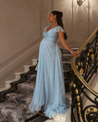Maternity Blue V Neck Flutter Sleeve Chiffon Evening Dress