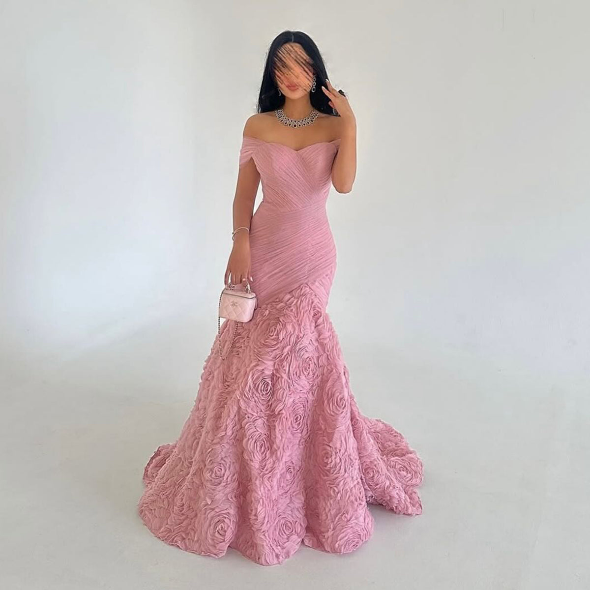 Glamorous Off-Shoulder Burgundy 3D Floral Mermaid Evening Dress SF169