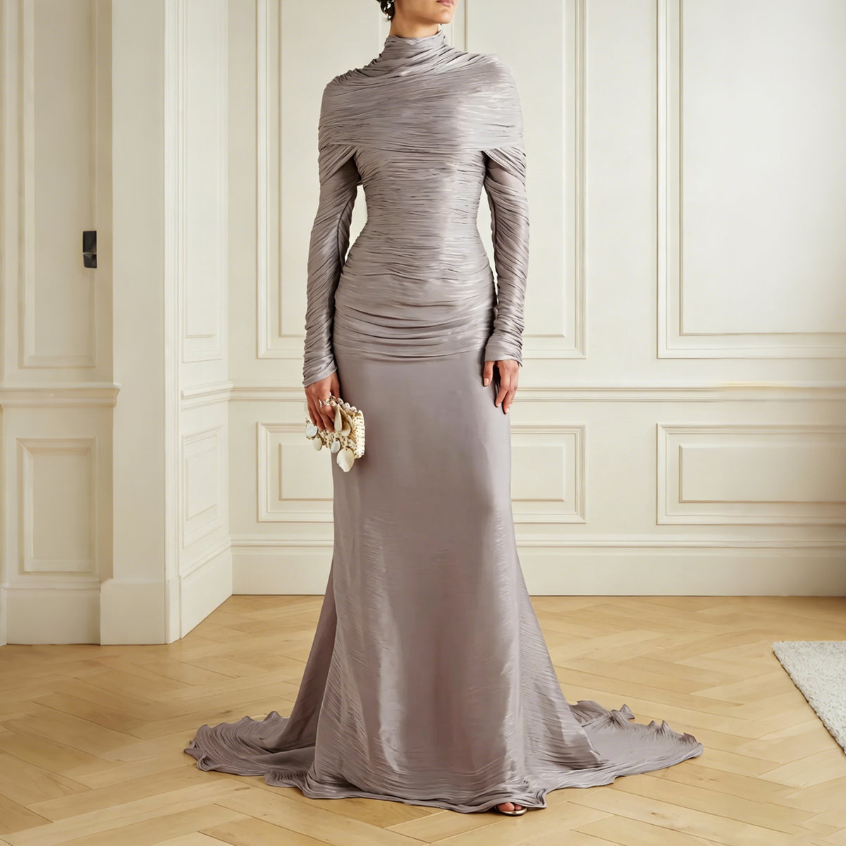 Luxury Gray High Neck Pleated Evening Dress with Statement Train and Overskirt SF200