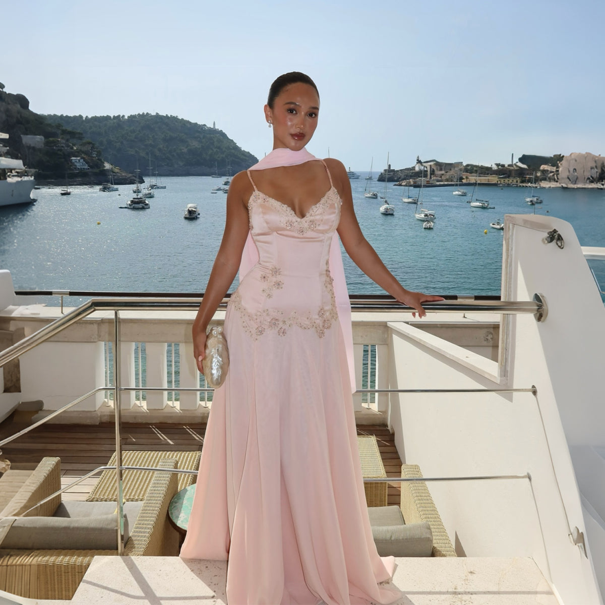 Luxury Pink A-line Chiffon Spaghetti Strap Evening Dress with Scarf SF215