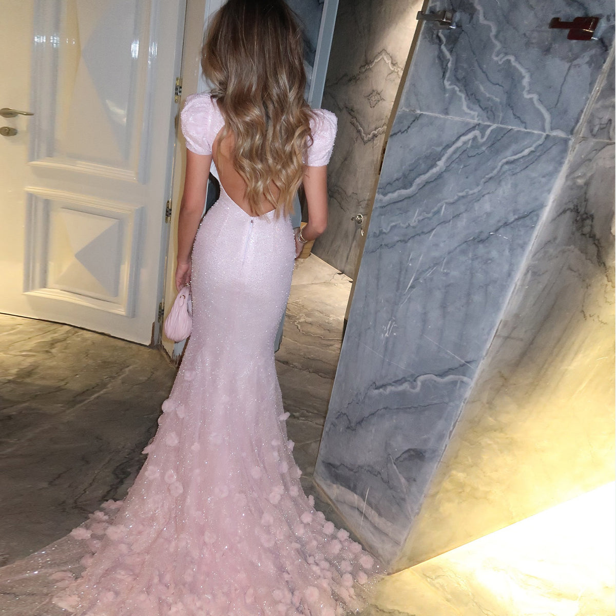 Luxury Pink Ombre Sequin Mermaid Train Evening Dress SS643