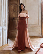 Luxury Brown Off Shoulder Train Satin Evening Dress