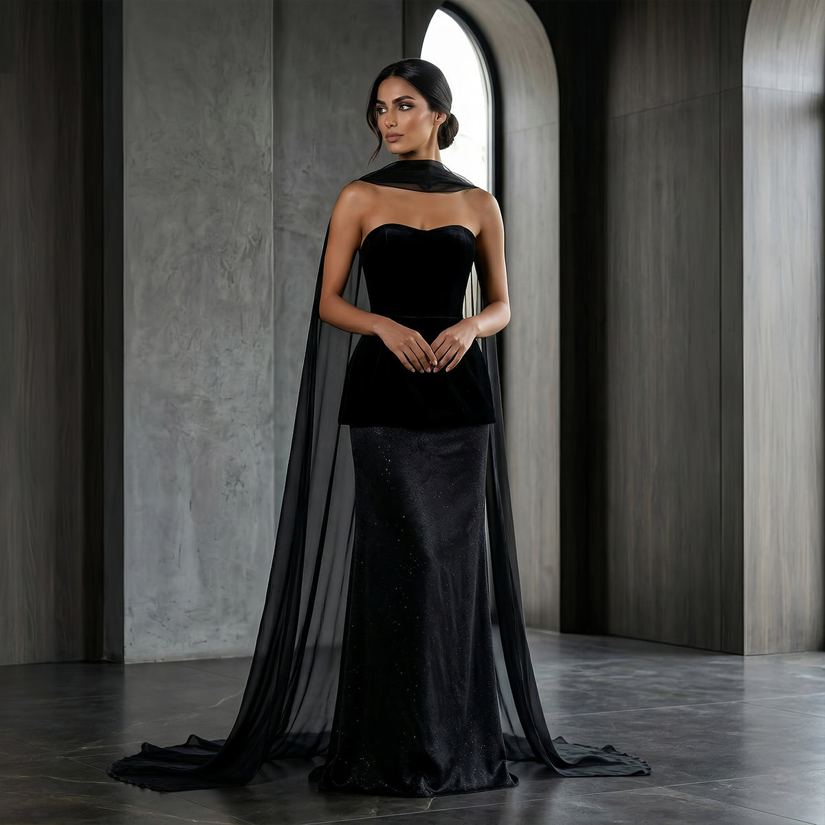 Elegant Black Strapless Velvet Evening Dress with Scarf SF527