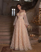 Peach Off Shoulder Sleeve Floral Tulle Evening Dress