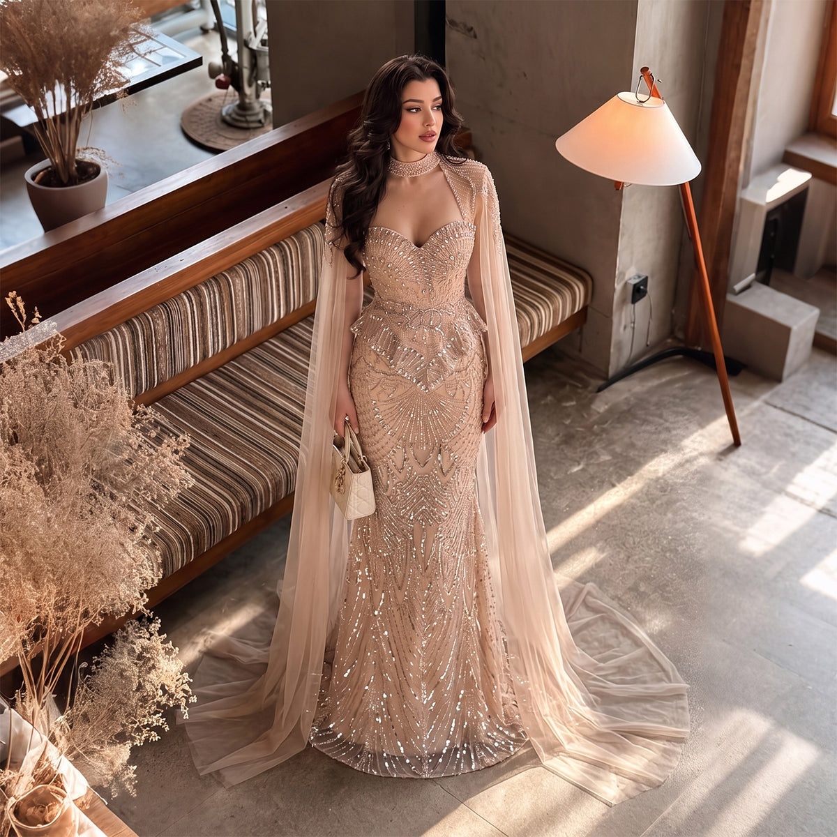 Elegant Beading Sequined Corset Mermaid Evening Dress With Cape SS018