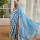 Chic Lilac 3D Embroidered Flowers Evening Dress with High Slit SS357
