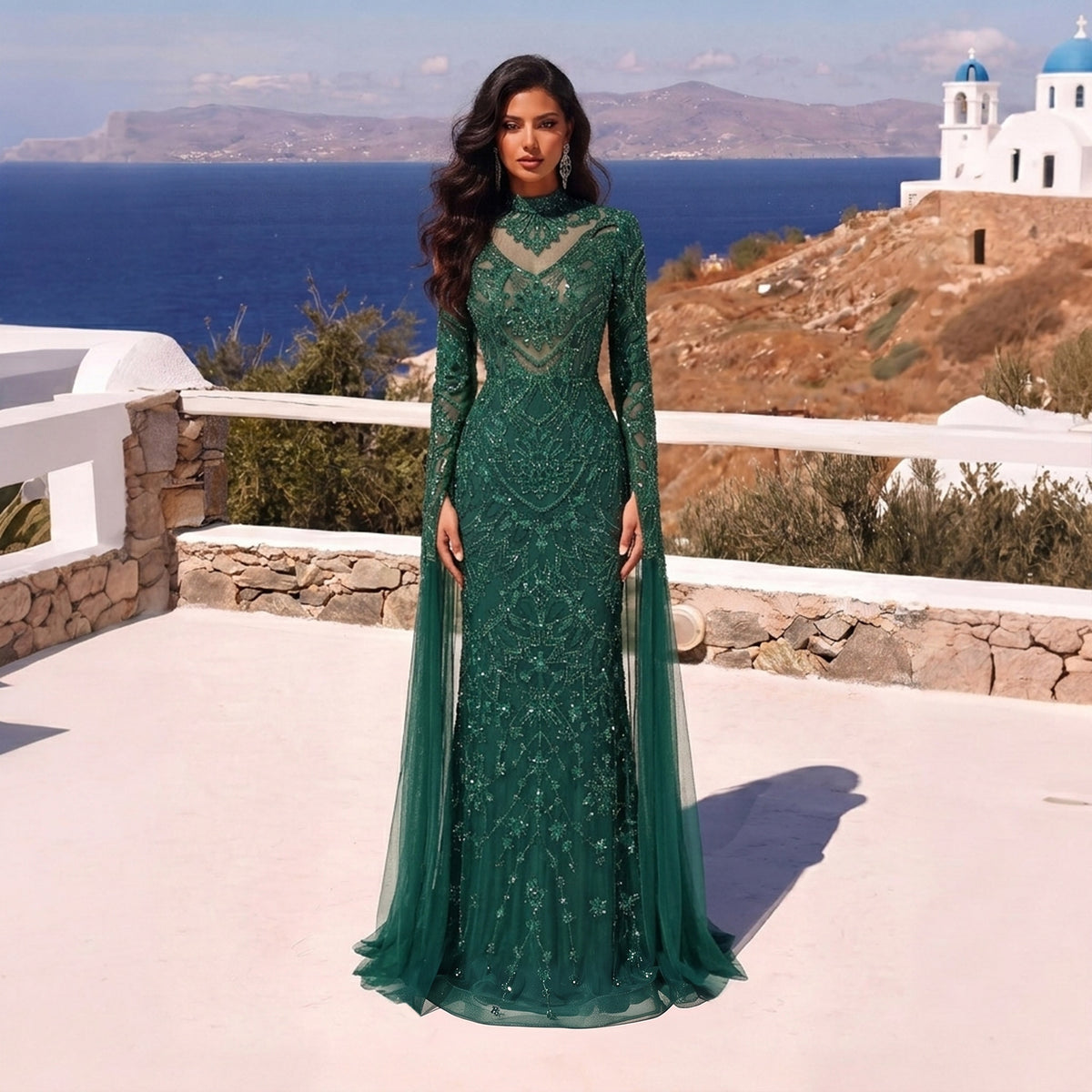Luxury Emerald Green High Neck Beaded Evening Dress with Cape Sleeve SS017
