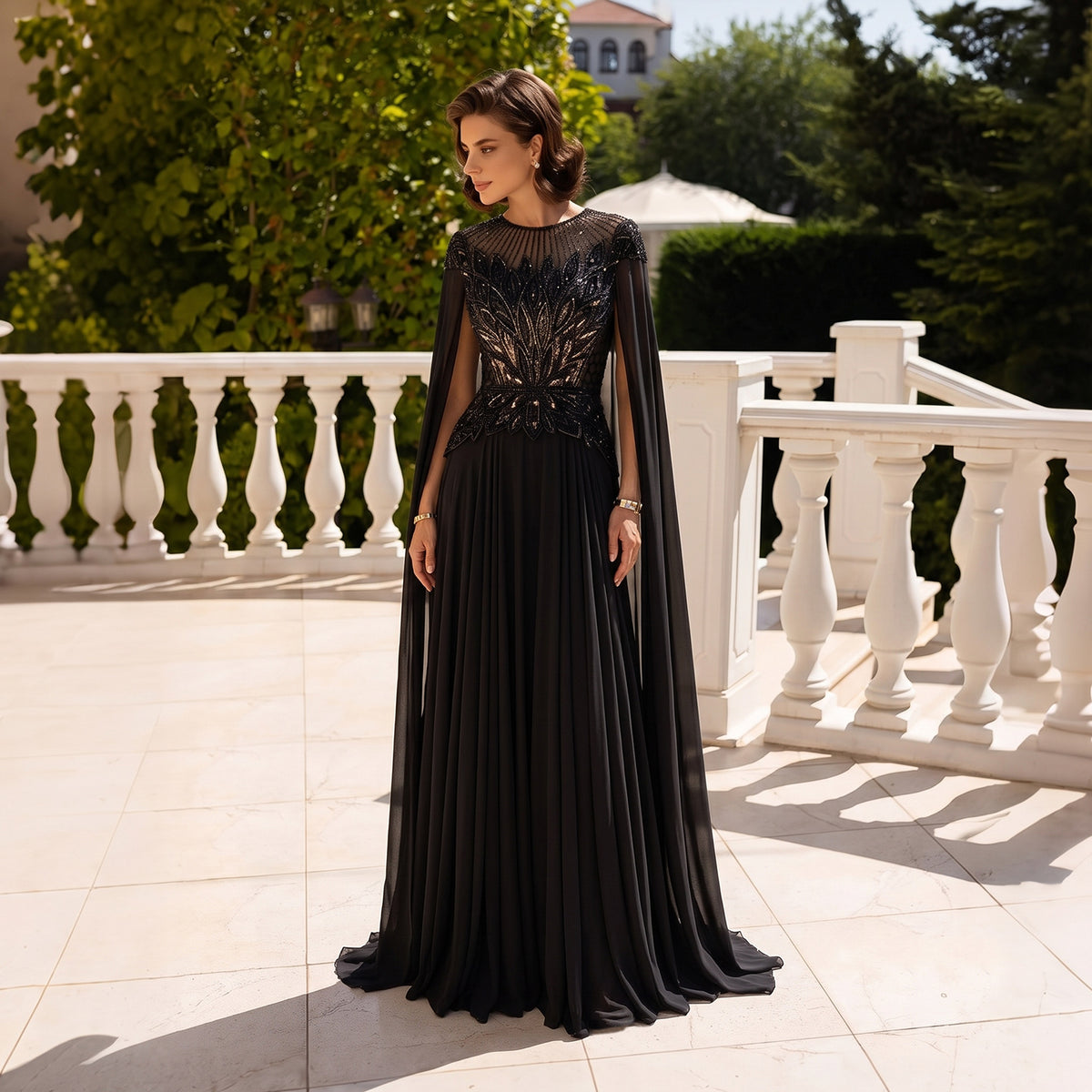 Regal Black Chiffon A-Line Beaded Formal Evening Dress with Cape Sleeves SS104
