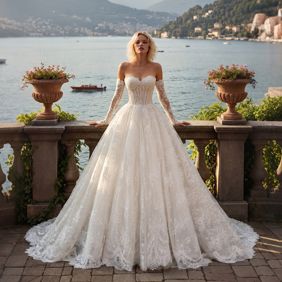 Luxury Lace Off-the-Shoulder Long Sleeve Ball Gown Wedding Dress SW677