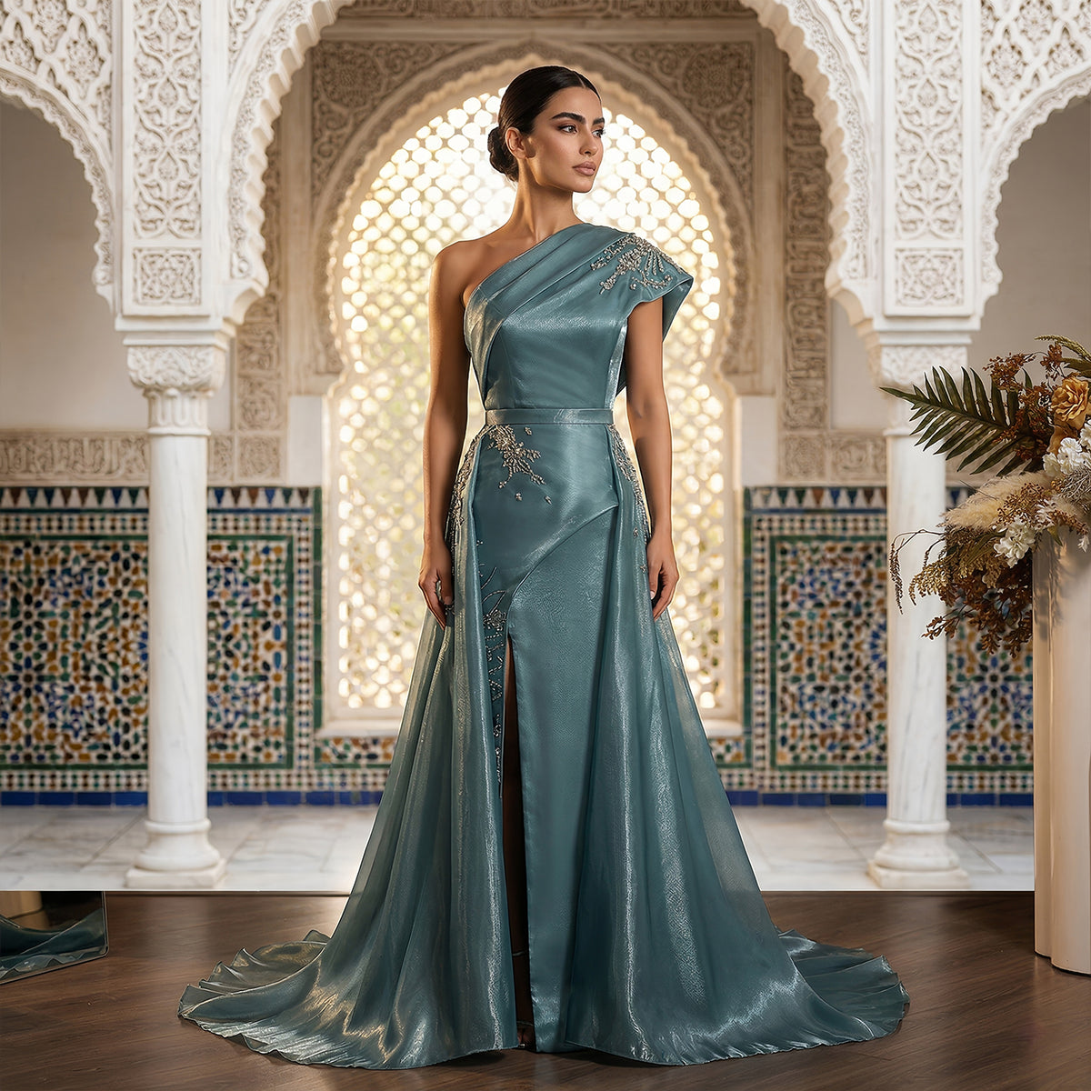 Luxury Turquoise Crystal One-Shoulder Evening Dress with Overskirt SS600