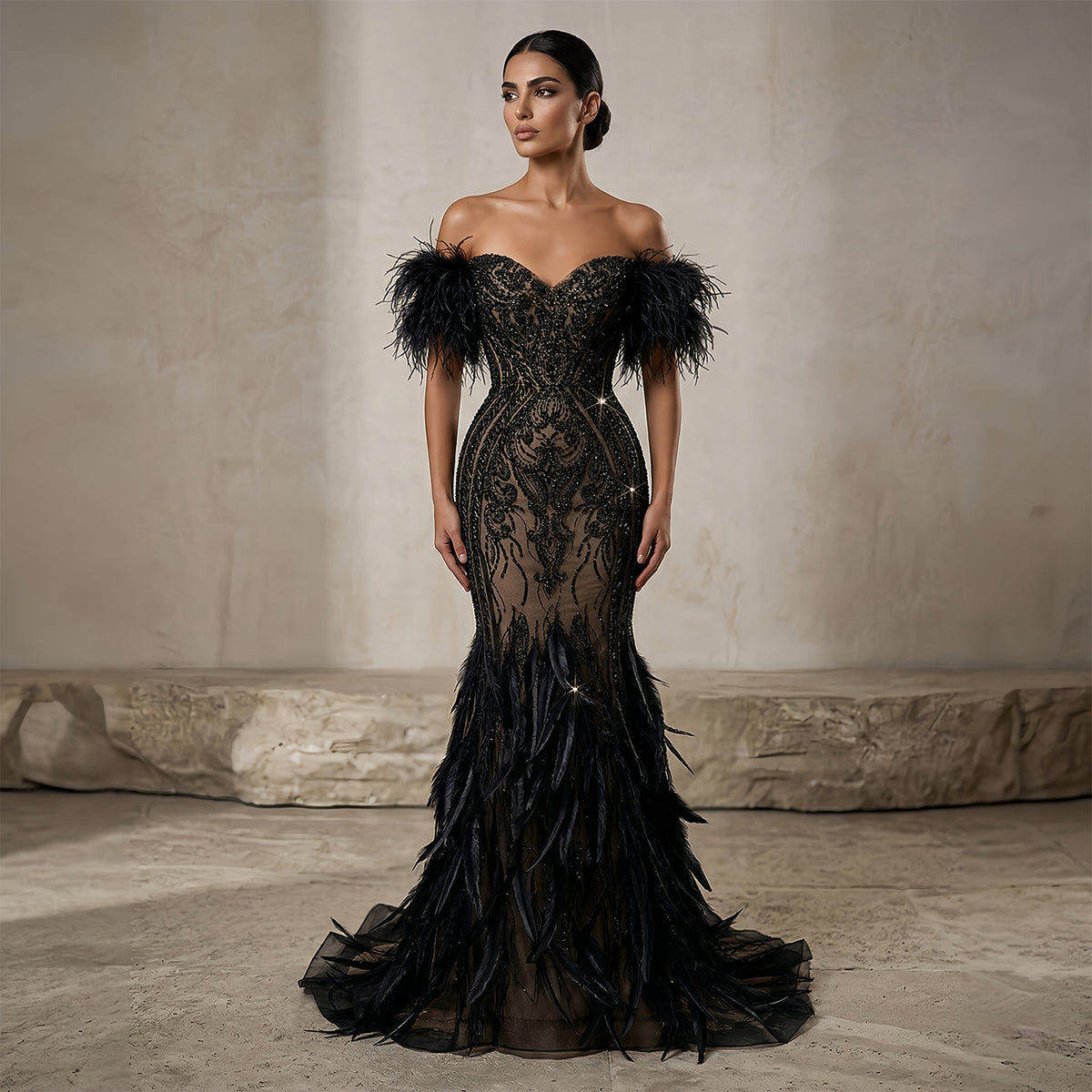 Luxury Black Off-the-Shoulder Beaded Feather Mermaid Evening Dress SS792