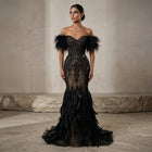 Luxury Black Off-the-Shoulder Beaded Feather Mermaid Evening Dress SS792