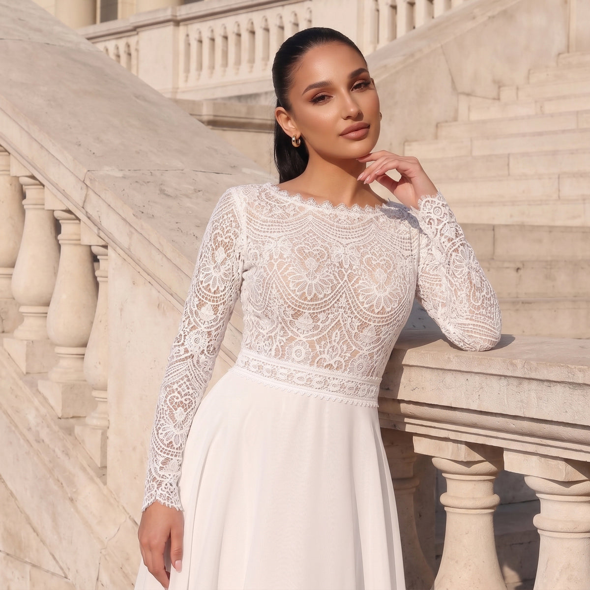 White Lace Wedding Dress with Removable Chiffon Overlay SW714 – Sharon Said