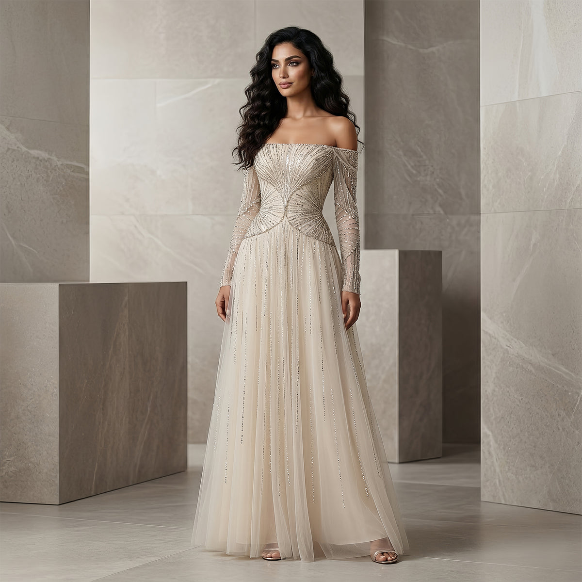 Glamorous Beige Beaded Tulle Long Sleeve Evening Dress SS507