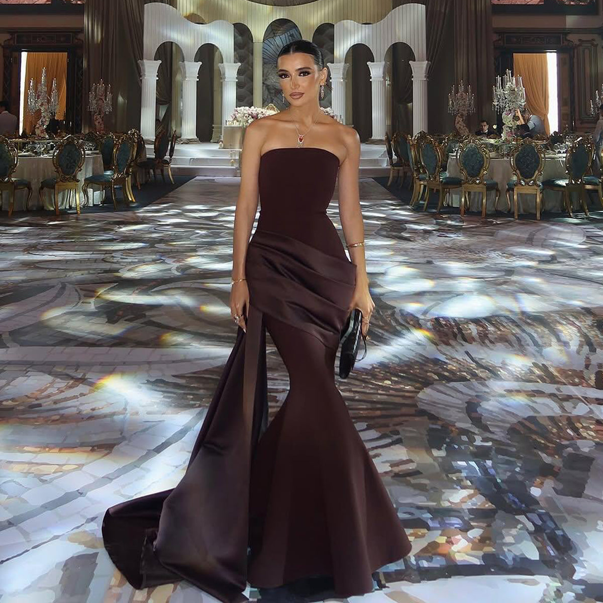 Luxury Burgundy Brown Strapless Mermaid Satin Evening Dress with Overskirt SF061