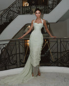 Luxury Sage Green Halter Ruched Fringe Evening Dress