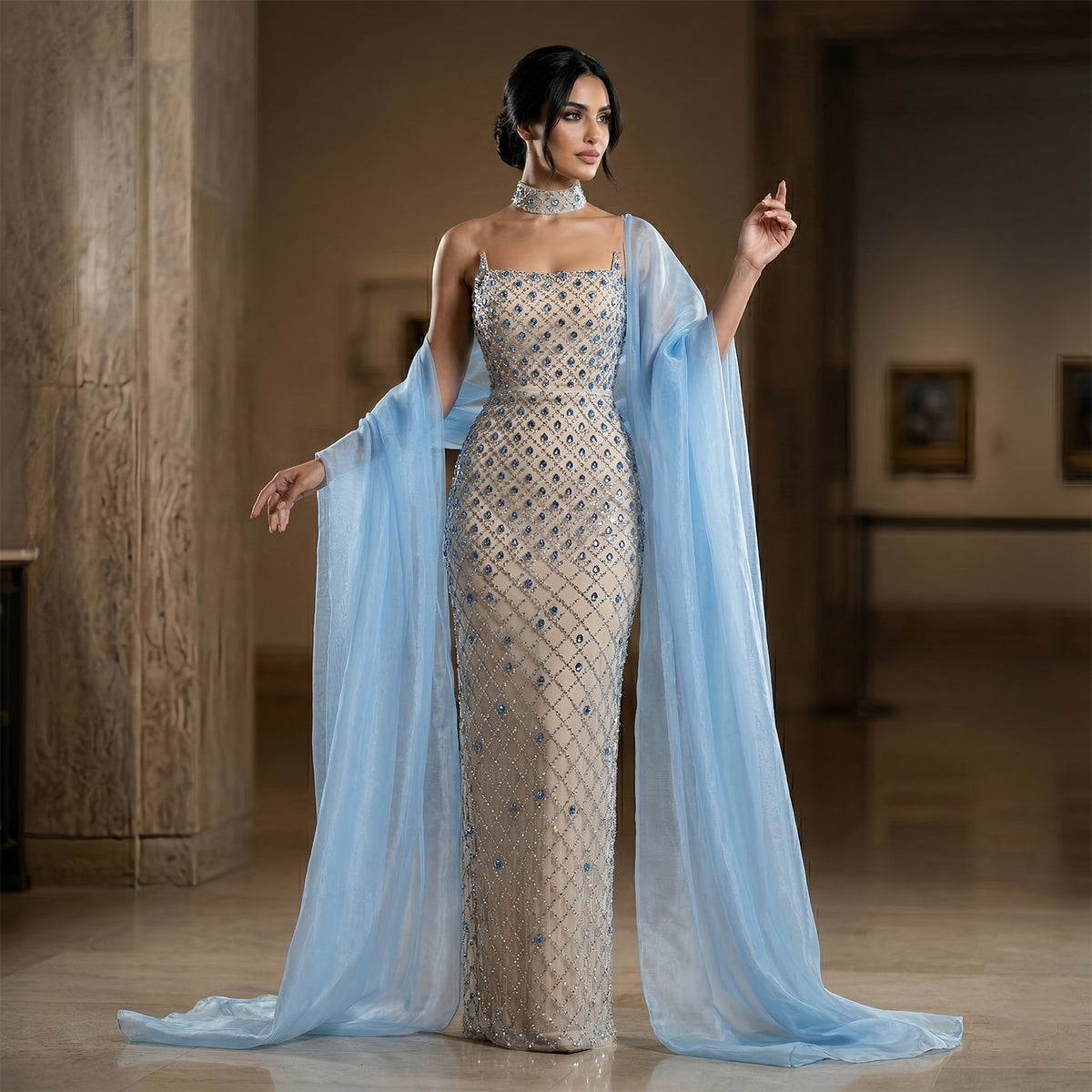 Glamorous Blue Mermaid Beaded Evening Dress with Cape Sleeve and Choker SS506