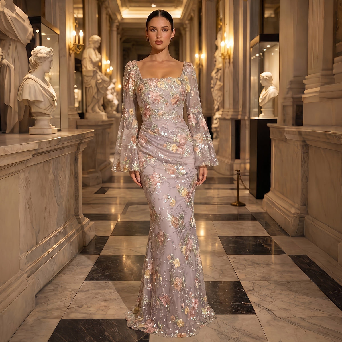 Glamorous Rose Pink Floral Embellished Evening Dress with Flare Sleeves SS465