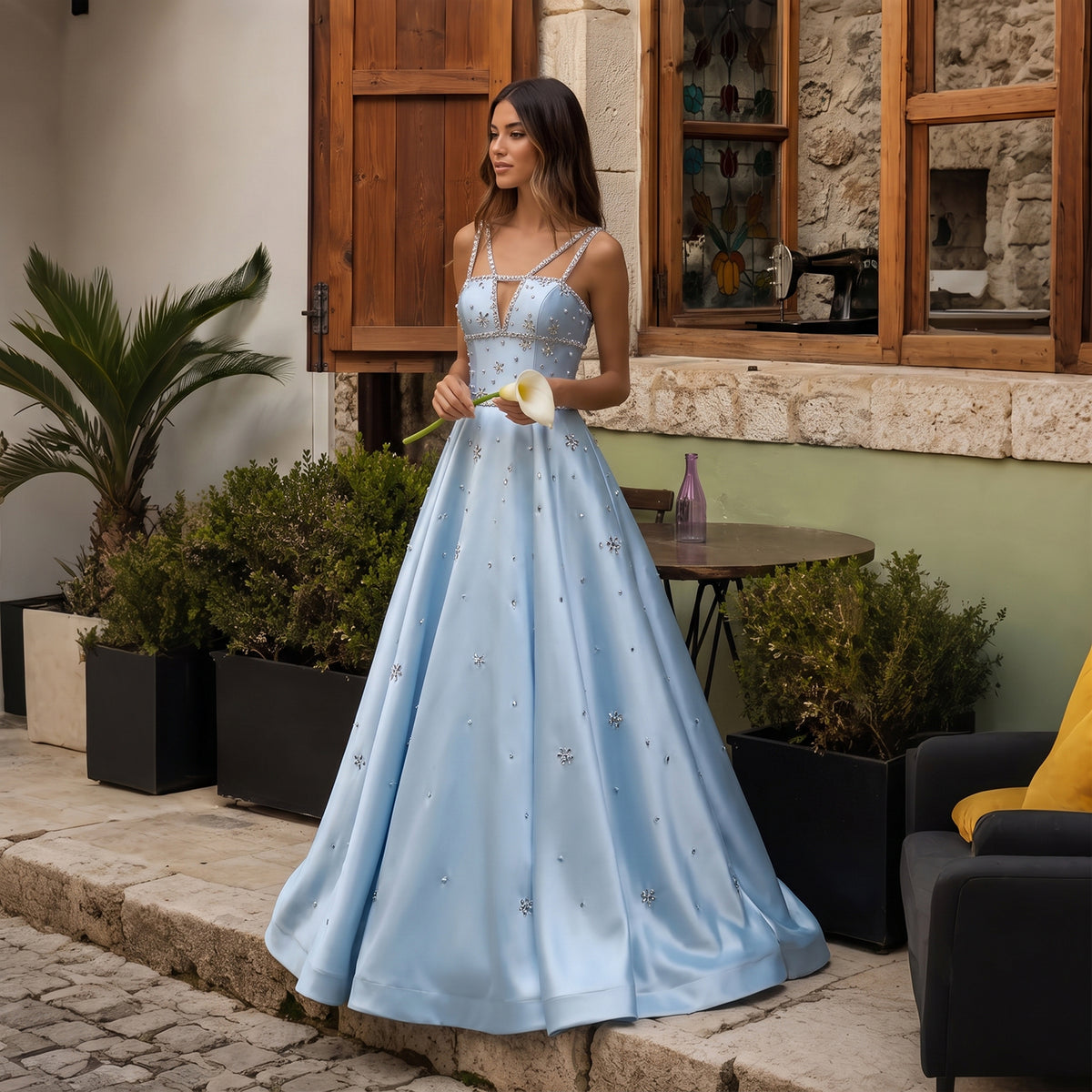 Elegant Blue Embellished Crystal Strap Evening Dress SS428