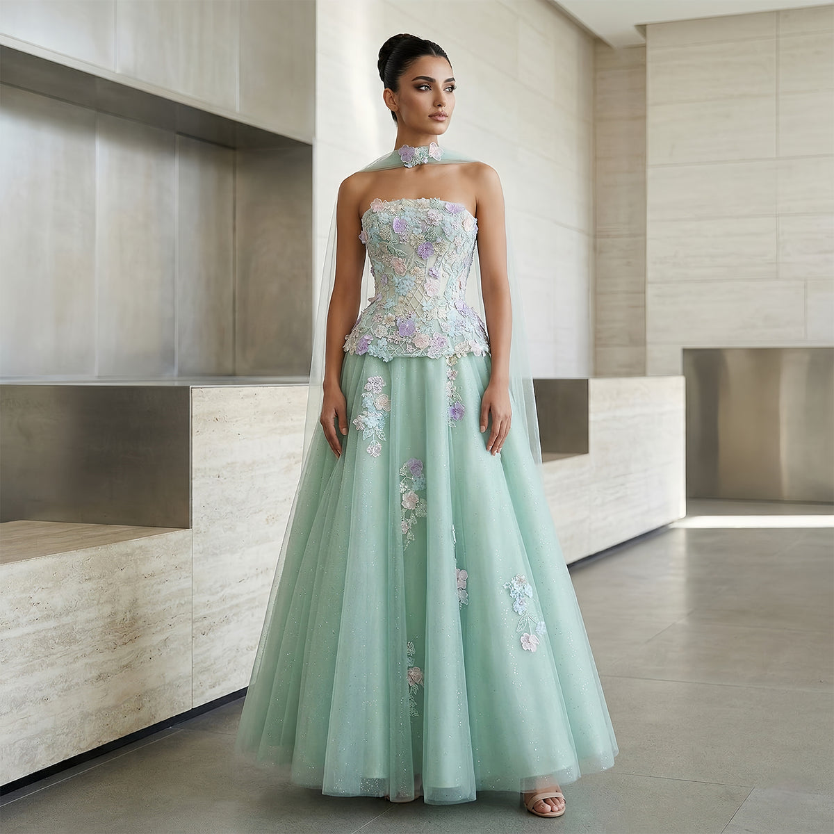 Elegant Sage Green Floral Applique Evening Dress with Scarf SS755