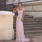 Pink Mermaid Beaded Pleated Evening Dress with Detachable Cape Sleeve SS325
