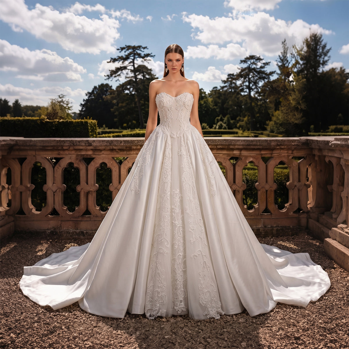 Luxury Satin Strapless Sweetheart Ball Gown Wedding Dress Lace with Embroidered SW743